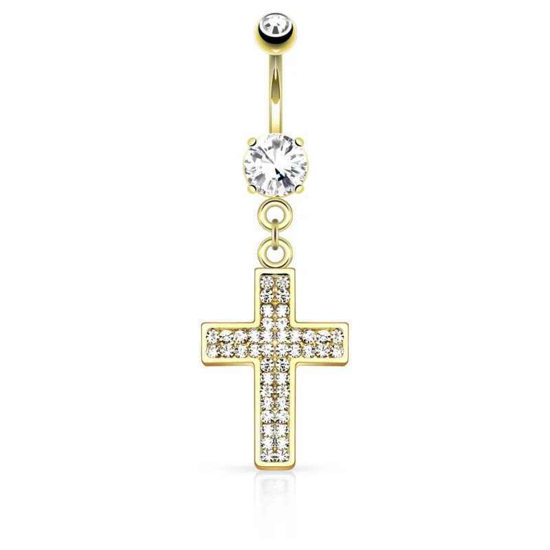 Piercing nombril plaqué or croix pavée strass