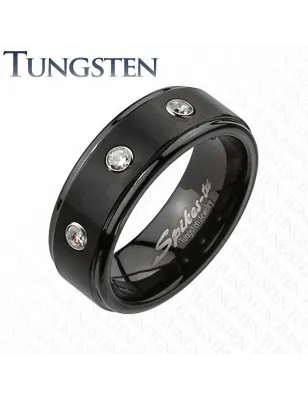 Bague Tungstène Dorée Triple Gemmes