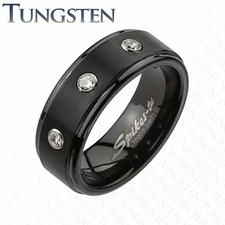 Bague Tungstène Dorée Triple Gemmes