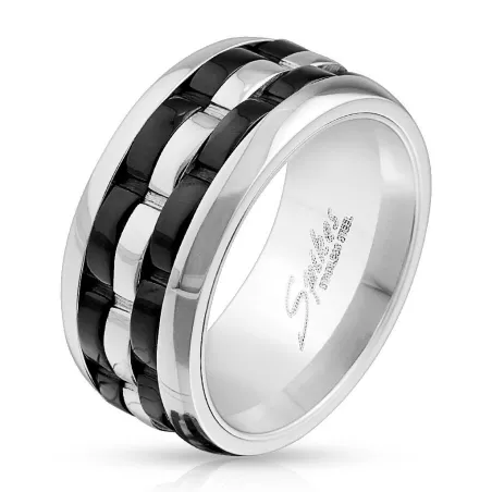 Bague homme tournante noir argenté