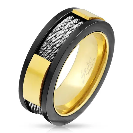 Bague homme acier trois tons cables