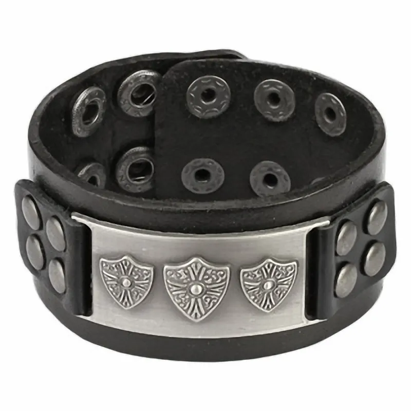 Bracelet cuir noir plaque boucliers