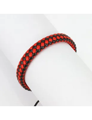 Bracelet homme carreaux cuir noir et rouge