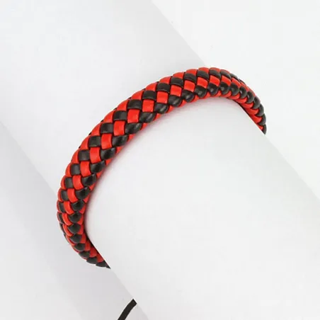 Bracelet homme carreaux cuir noir et rouge