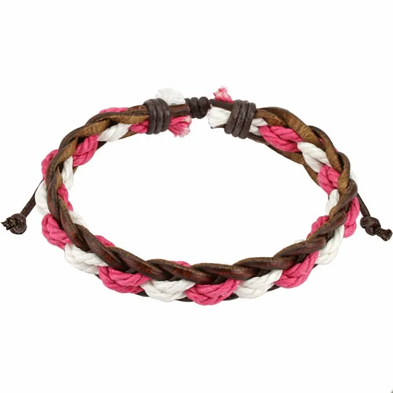 Bracelet cuir marron cordes roses