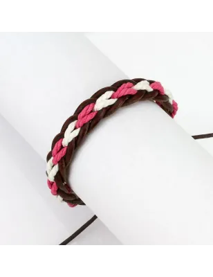 Bracelet cuir marron cordes roses blanches