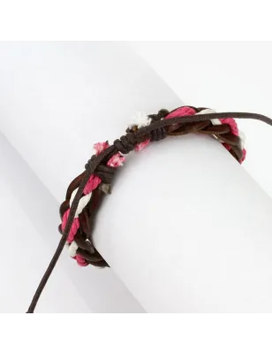 Bracelet cuir marron cordes rose blanche