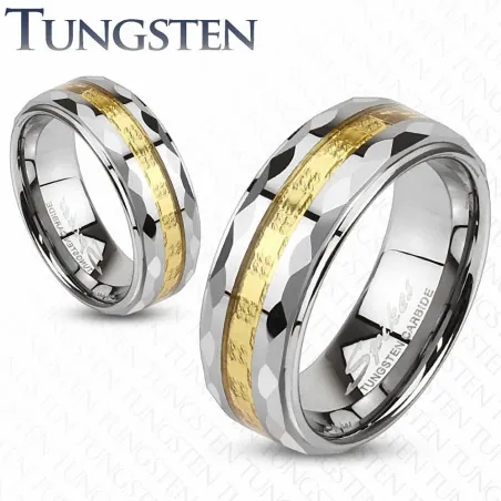 Bague tungstène facettes dorée