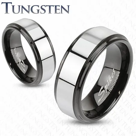 Bague tungstène noir centre argenté