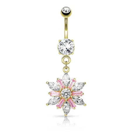 Piercing nombril plaqué or pendentif fleur gemmes