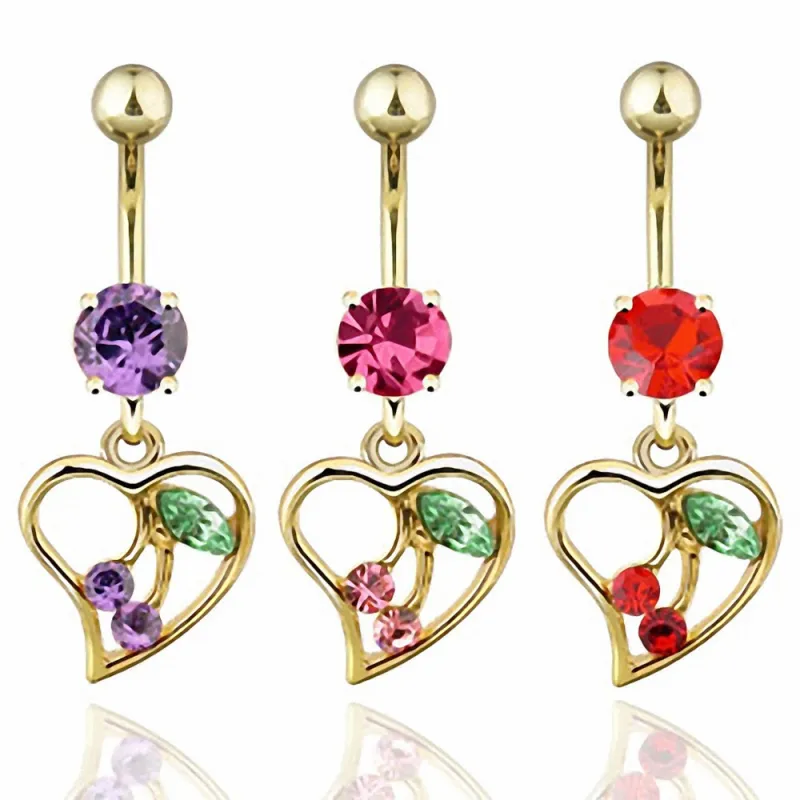 Piercing Nombril Plaqué Or Coeur et Cerise