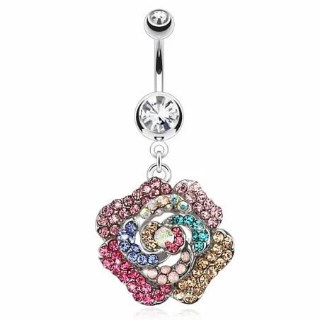 Piercing nombril fleur gemmes multicolores