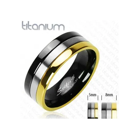 Bague titane solide avec Bandes Onyx et Plaqué Or - Bague homme et femme en titane